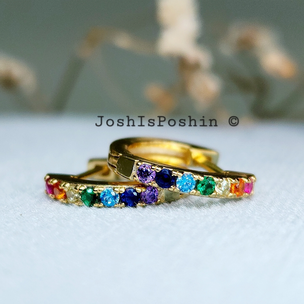 Huggie hoop rainbow diamond earrings in sterling silver